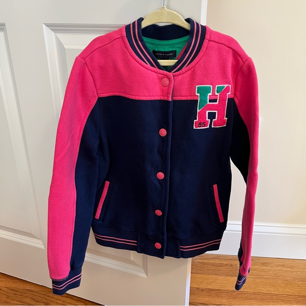 Tommy Hilfiger Varsity Letter Jacket Pink Navy Blue Girls Size M